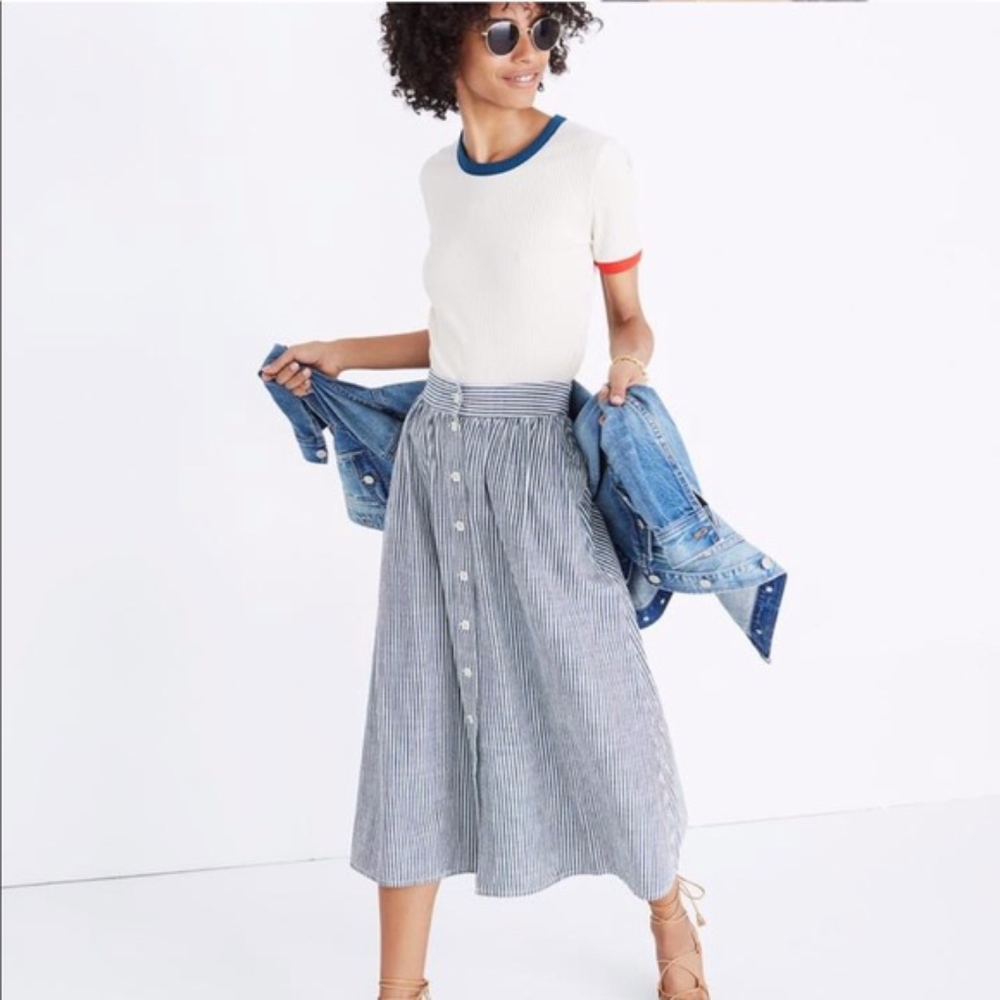 Madewell Blue Stripe Button-Front Midi Skirt